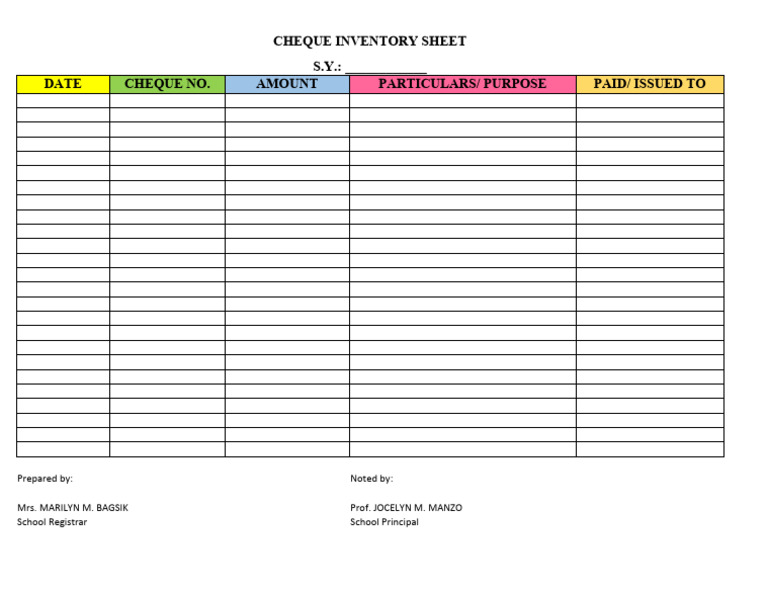 Cheque Inventory Sheet | PDF