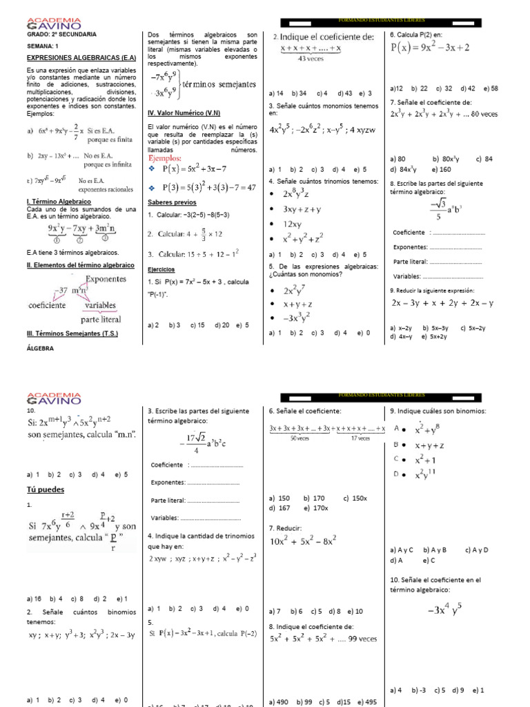 Expresiones Algebraicas para 2° Secundaria | PDF | Álgebra | Matemáticas