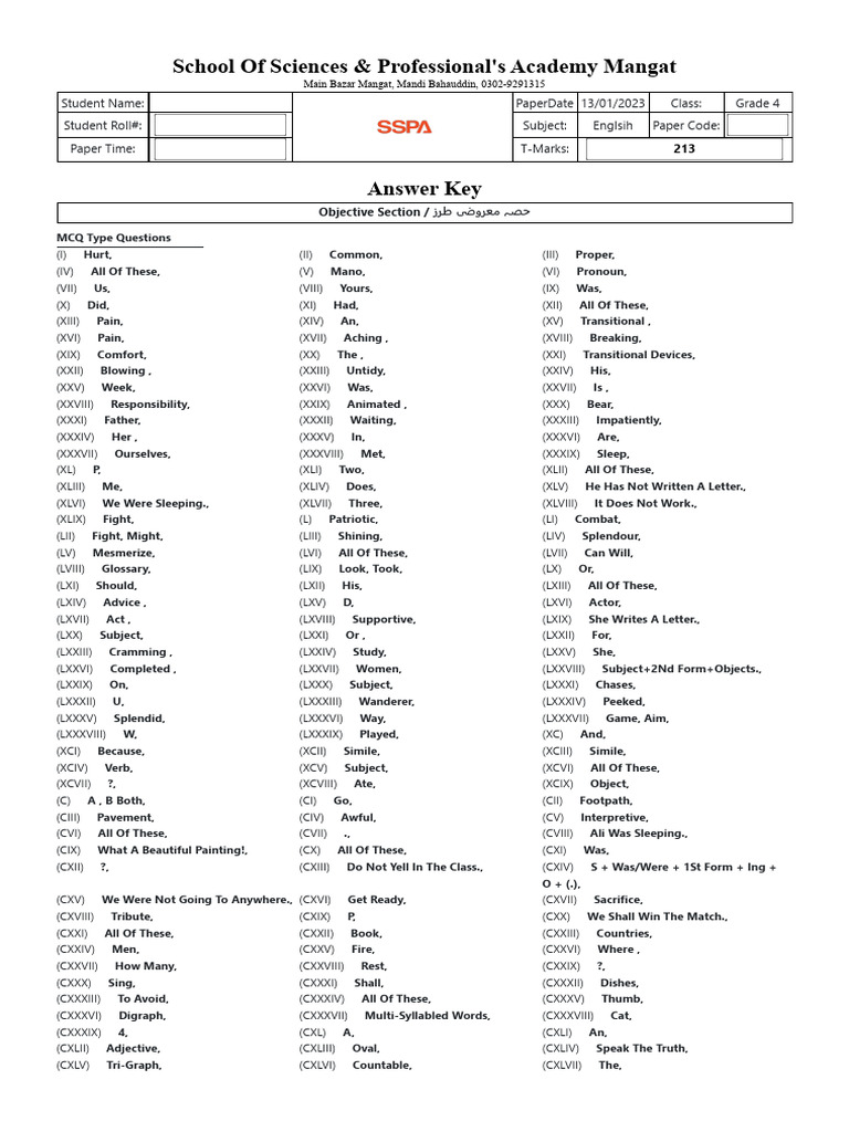 Grammar test for class 4 answer keys pdf national football league