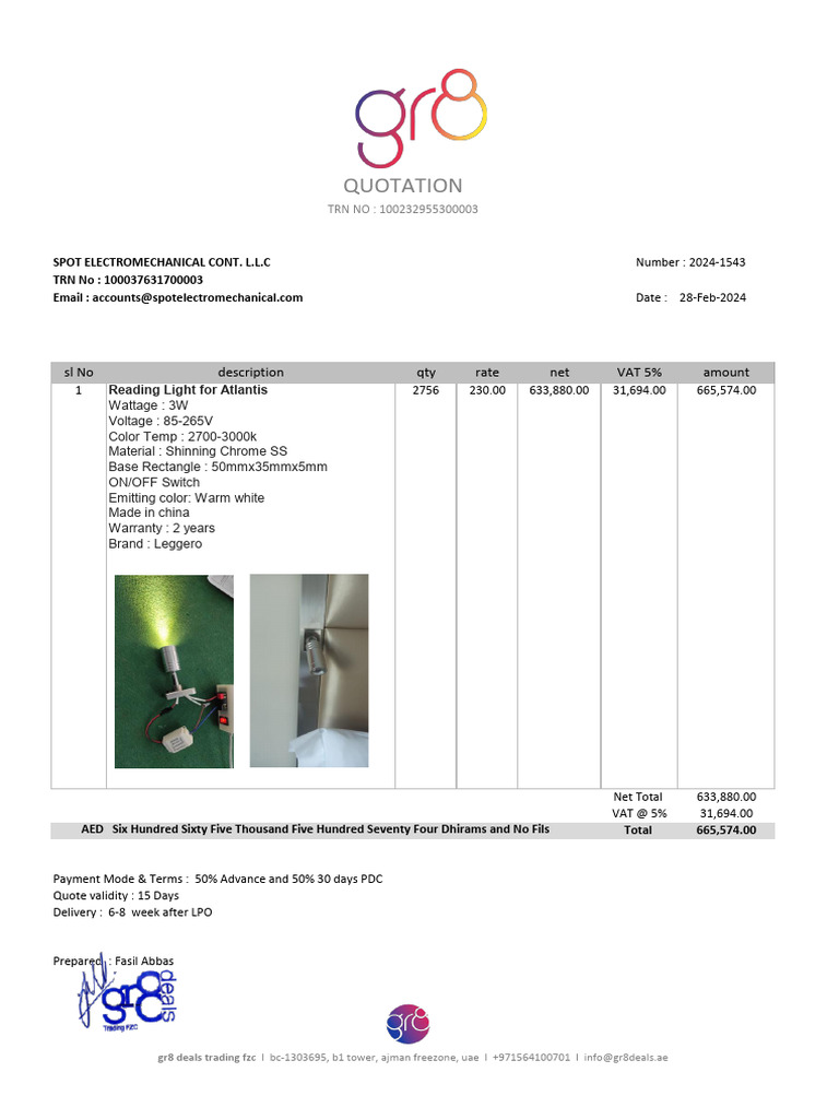 Quotation for Reading Light Purchase | PDF