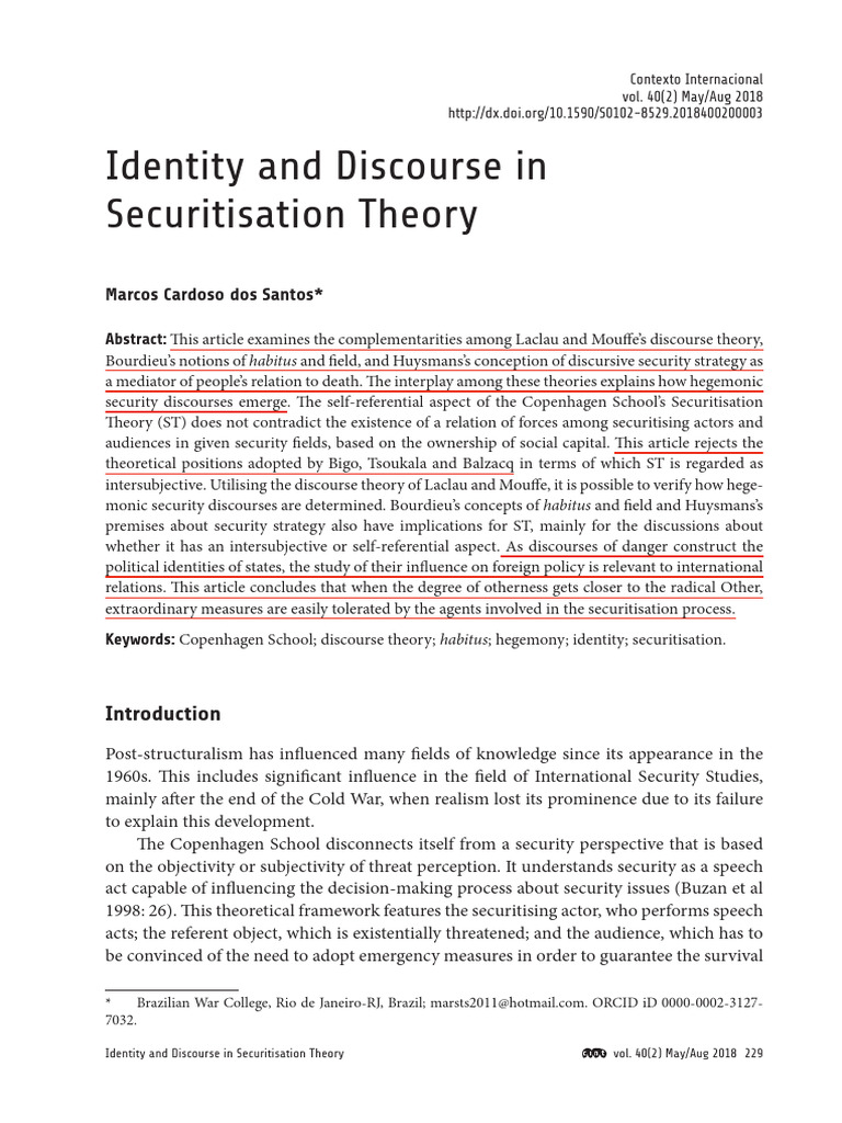 A Santos (2018) Identity and Discourse in Securitisation Theory | PDF ...