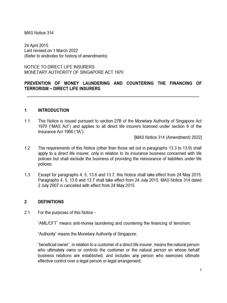 MAS Notice 314: AML/CFT Guidelines for Insurers | PDF | Identity ...