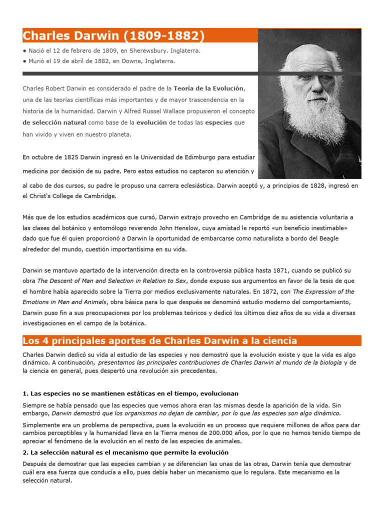 Aportes de Charles Darwin a la ciencia | PDF | Charles Darwin | Evolución