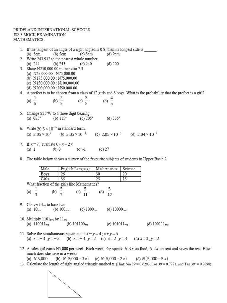 Mock Exam JSS 3 | PDF | Circle | Mathematical Concepts