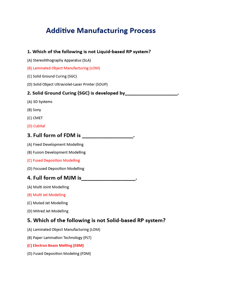 Additive Manufacturing Process MCQ Download Free PDF 3 D Printing
