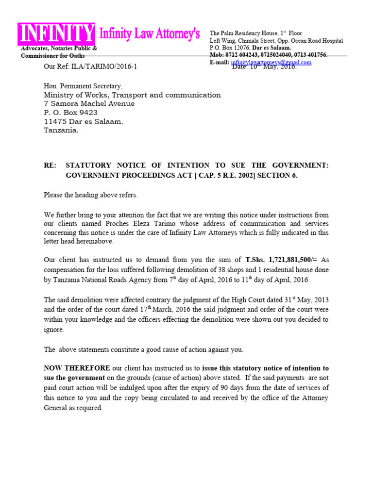 Statutory Notice of Intent to Sue Government | PDF | Lawyer | Notary Public