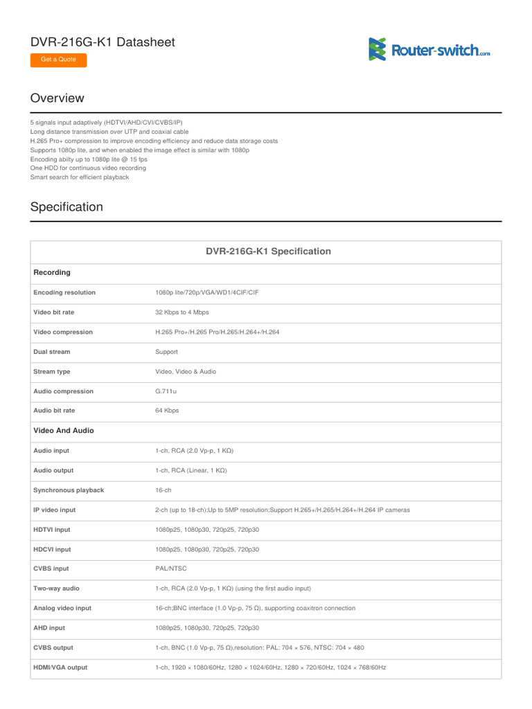 Dvr 216g k1 Datasheet PDF Video
