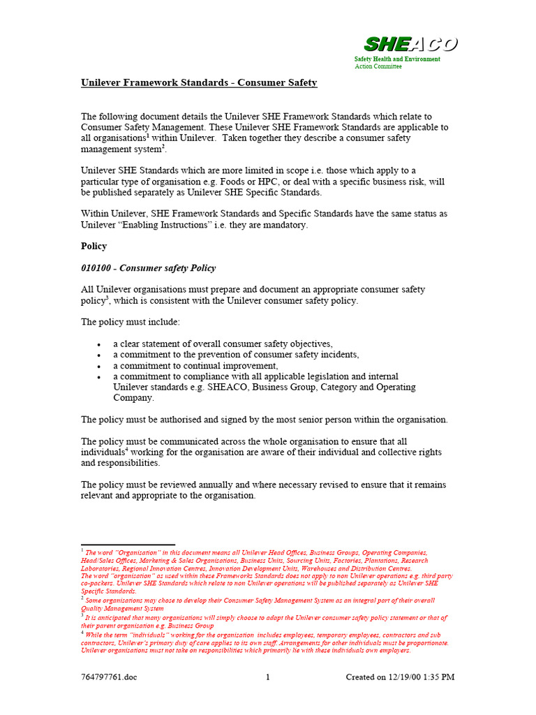 Unilever Consumer Safety Management Standards | PDF | Risk | Safety