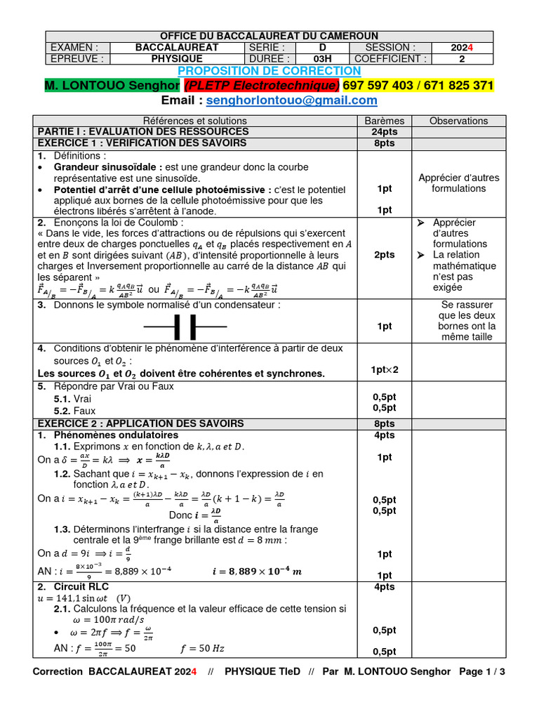 Correction Physique Bac D 2024 | PDF | Électricité | Électrotechnique