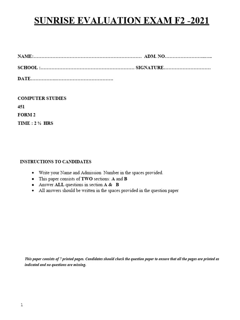 Form 2 Computer Studies Exam 2021 | PDF | Computer Hardware | Computer ...