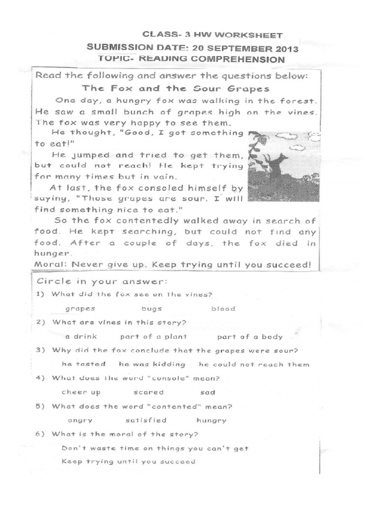 Class 3 English Practice Worksheets (71) - Reading Comprehension | PDF