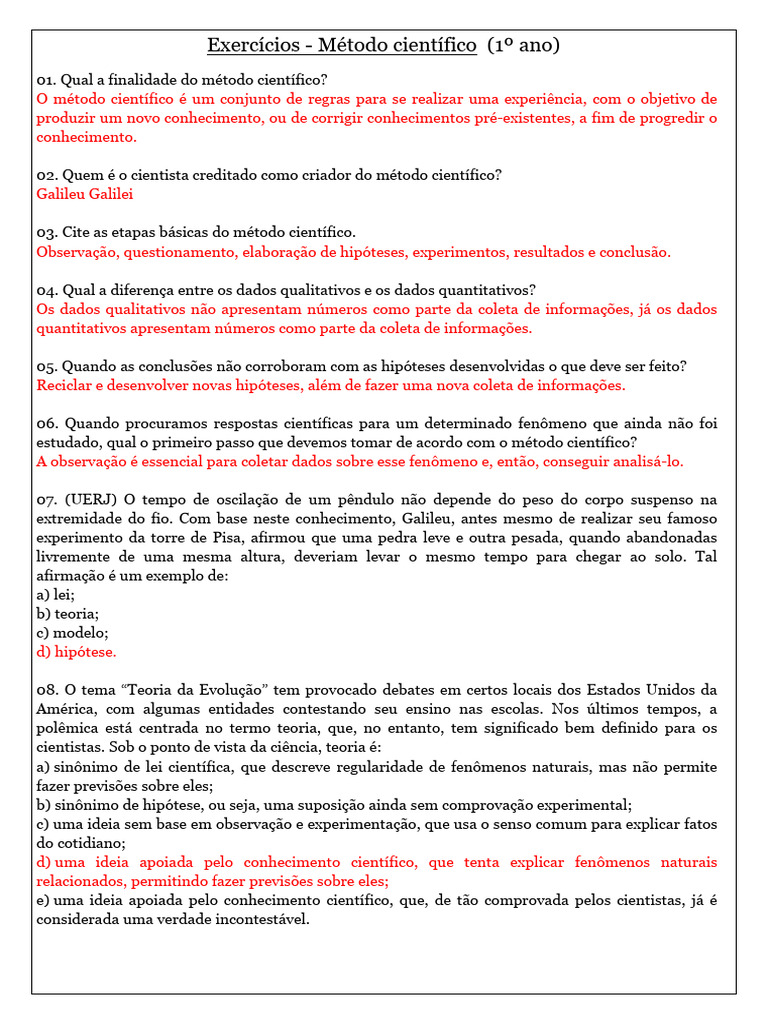 Exercícios sobre Método Científico | PDF | Science | Método científico