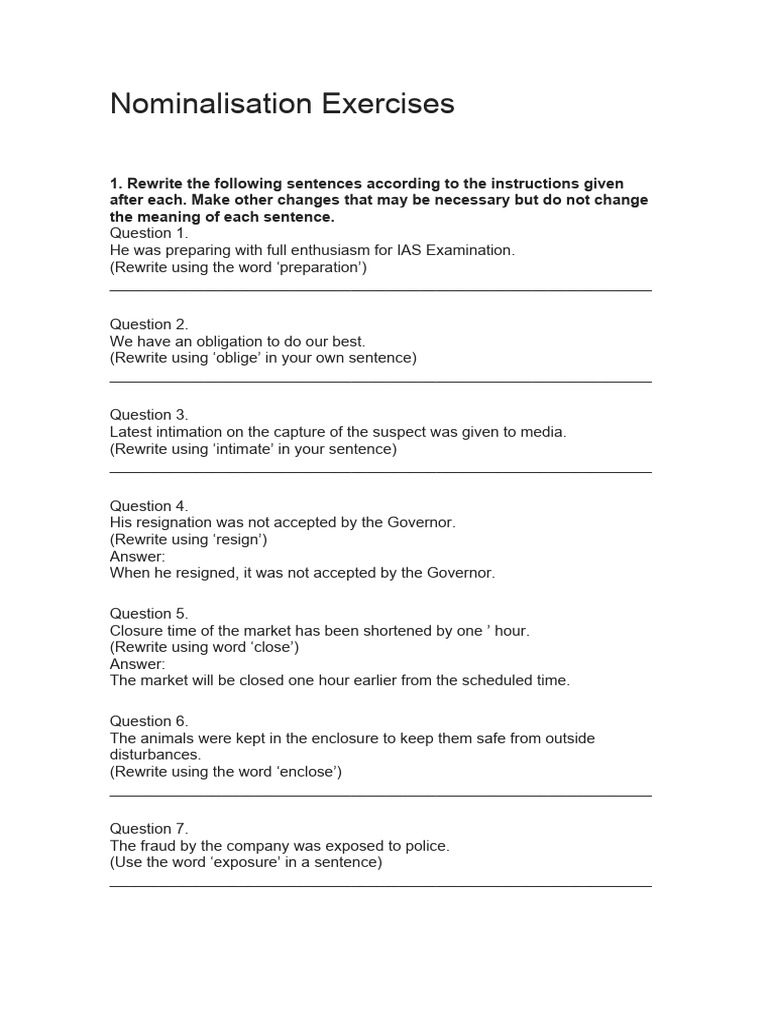 Nominalization Exercises and Solutions | PDF