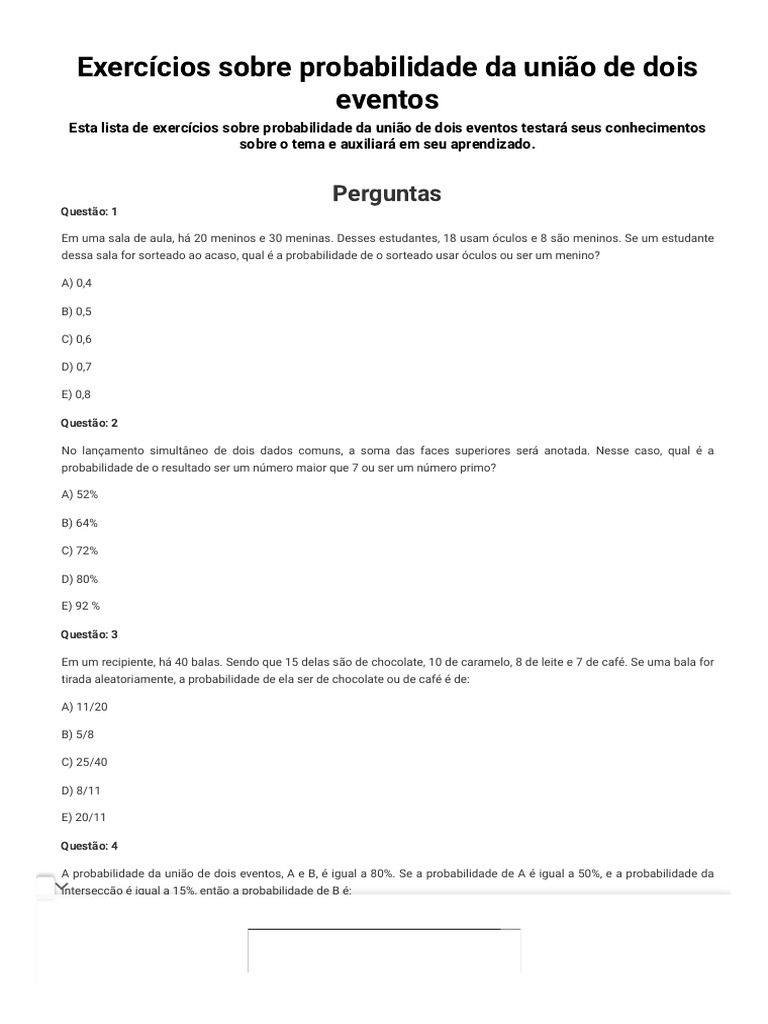 Exercícios sobre Probabilidade de União | PDF | Probabilidade | Cartas ...