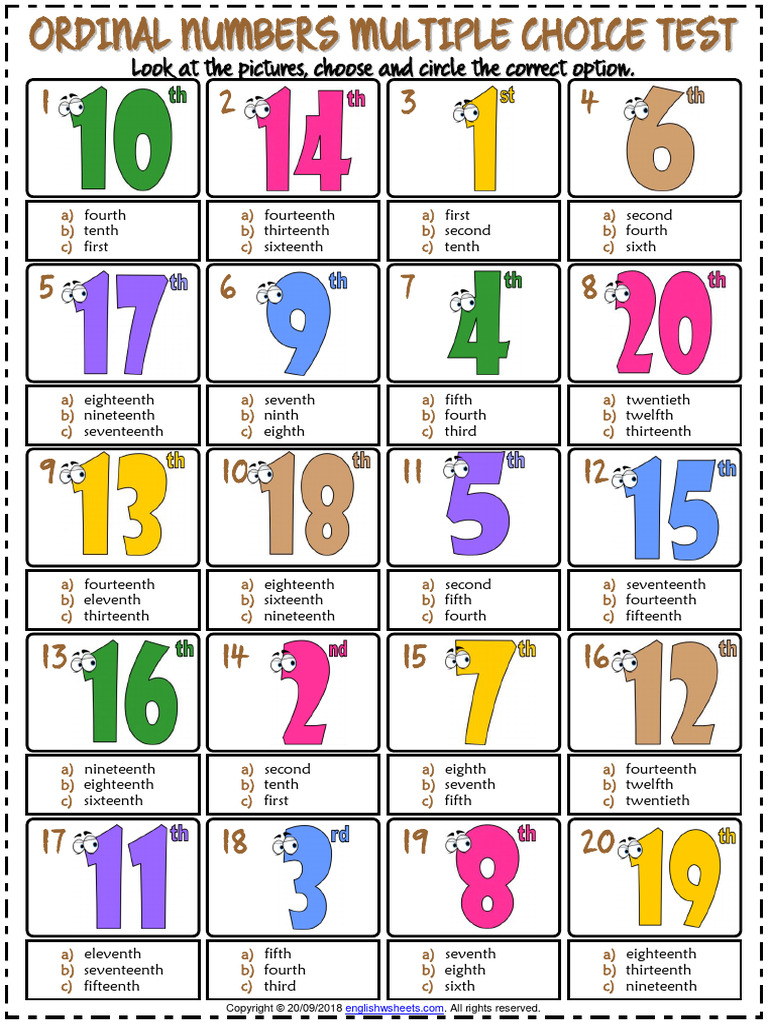 Ordinal Numbers Multiple Choice Test | PDF