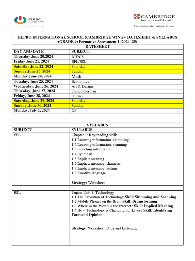 Grade 9 Fa1 Datesheet And Syllabus Pdf