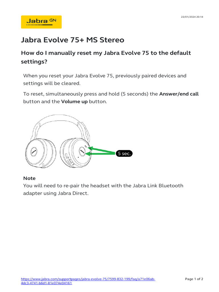 How Do I Manually Reset My Jabra Evolve 75 To The Default Settings ...
