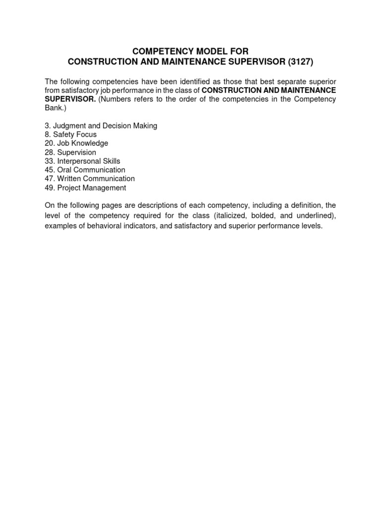 Construction Supervisor Competency Model | PDF | Employment | Information