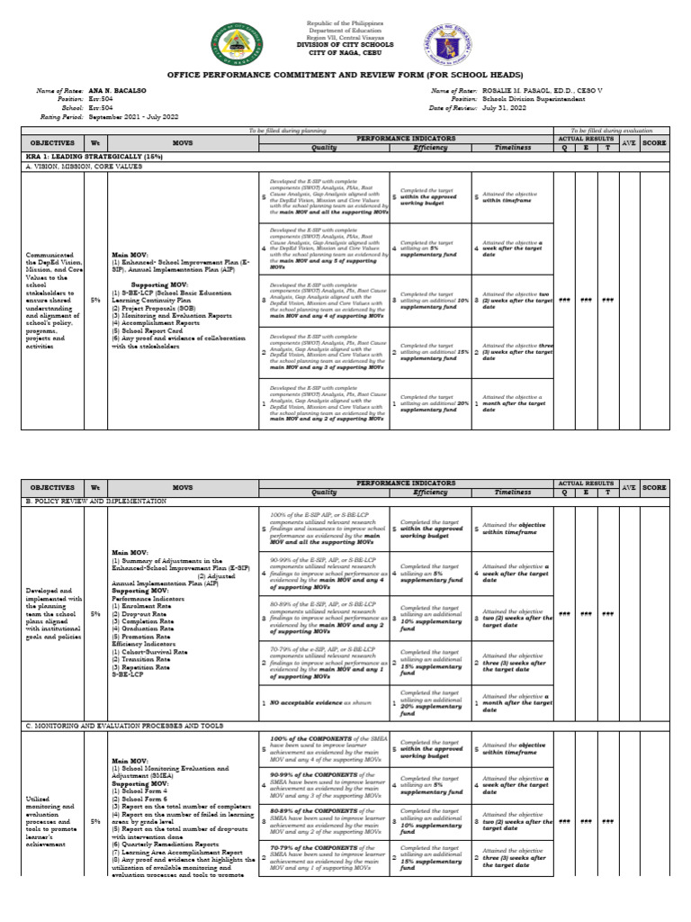 OPCRF For School Heads 2023 2024 Template PDF Learning Business