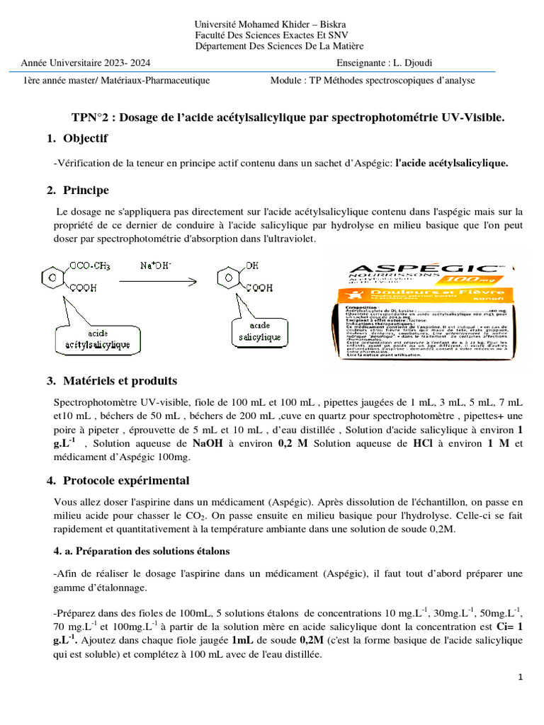 Dosage de l'aspirine par spectrophotométrie PDF Hydroxyde de sodium — free download