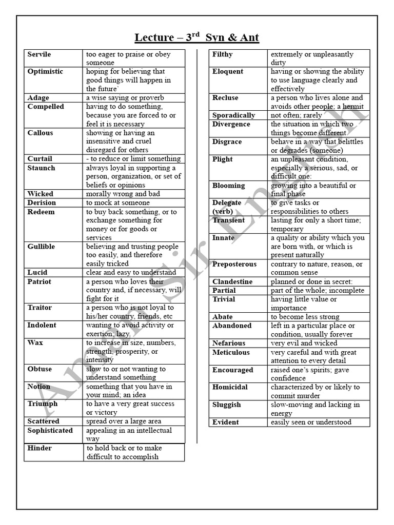 Vocabulary Synonyms and Antonyms Guide | PDF