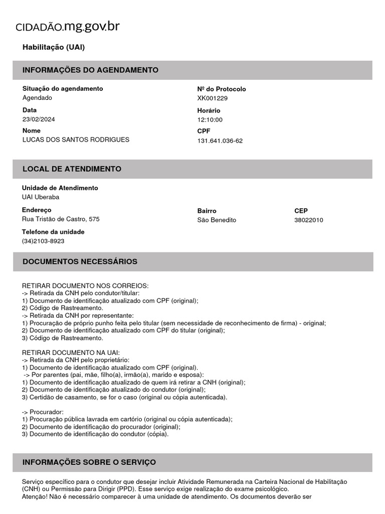 Agendamento UAI para CNH em Uberaba | PDF