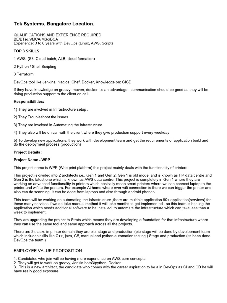 TEK Systems - Devops - JD - BNGLR - 3+exp - 16oct23 | PDF | Amazon Web ...