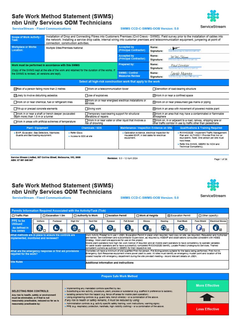 SWMS for ODM Technicians Installation | PDF | Traffic | Risk