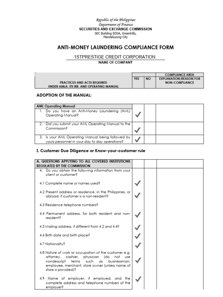 Anti-Money Laundering Compliance Form | PDF | Regulatory Compliance ...