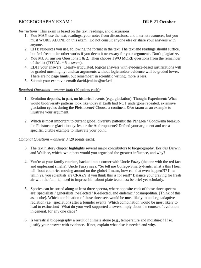Exam 1 1 | PDF | Biogeography | Biodiversity