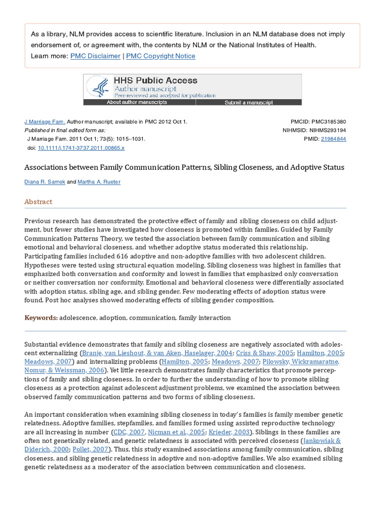 Associations Between Family Communication Patterns, Sibling Closeness ...