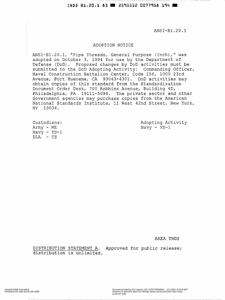ASME B1.20.1 Pipe Threads, General Purpose (Inch) | PDF