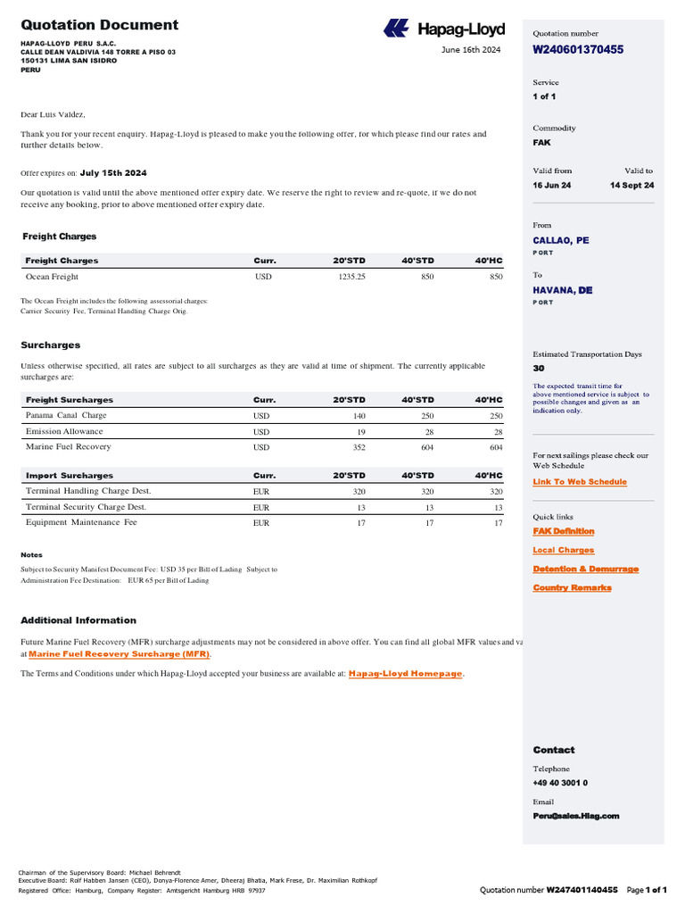 Hapag-Lloyd Freight Quotation 2024 | PDF | Cargo | Logistics