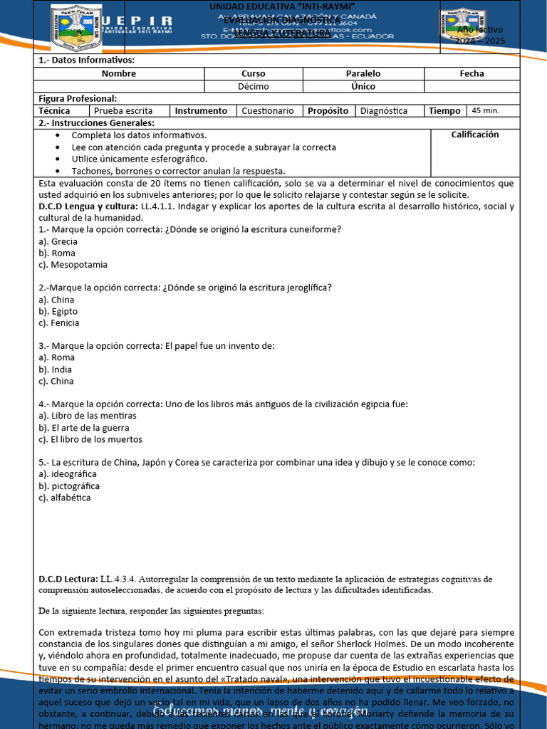 Evaluación Diagnostico 10mo Egb | PDF | Escritura