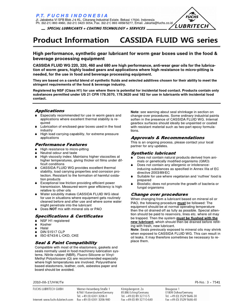 CASSIDA FLUID WG 220 Product Overview | PDF | Lubricant | Oil