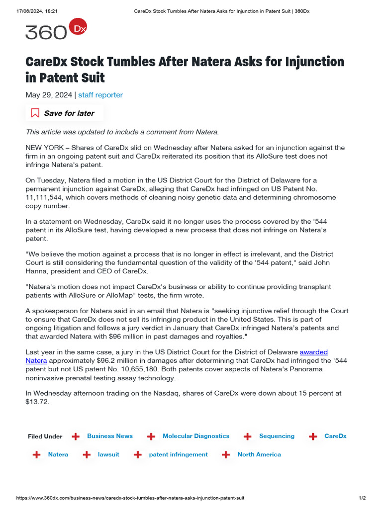 CareDx Stock Drops Amid Natera Lawsuit PDF Patent Lawsuit