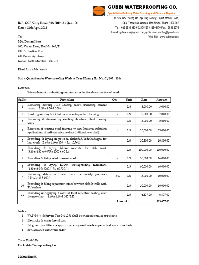 Quotation For Waterproofing Work at Cozy Home - 14.04.2012 | Download ...