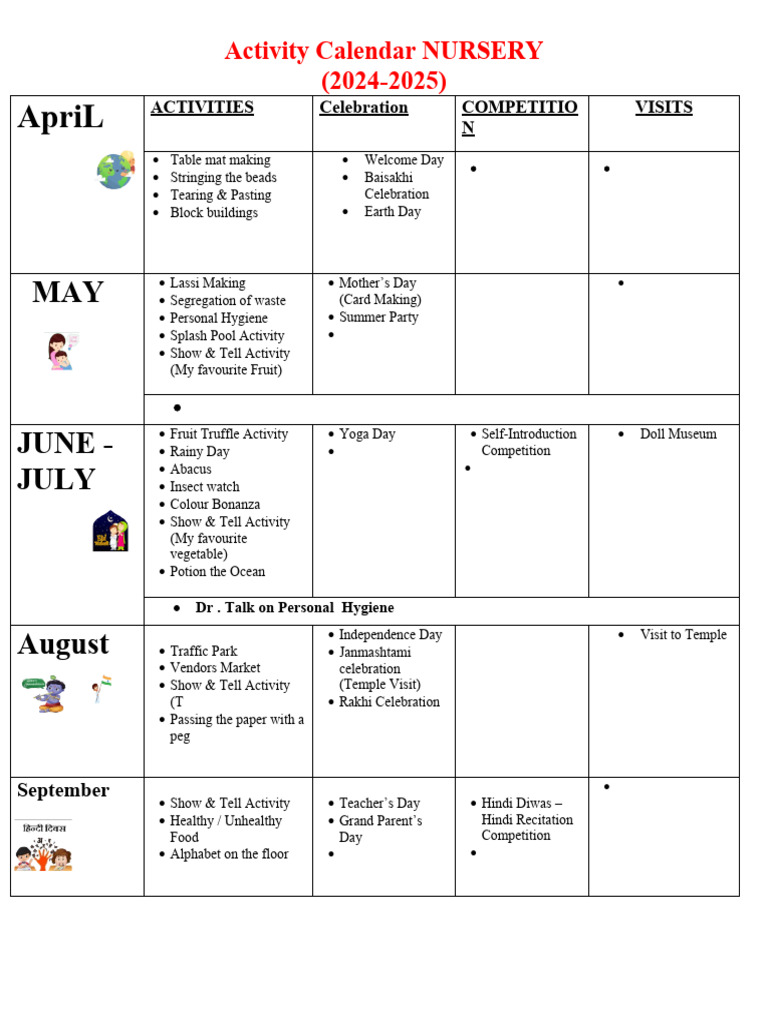 Kindergarten Activity Calendar 2024-25 | PDF | Religious Holidays ...