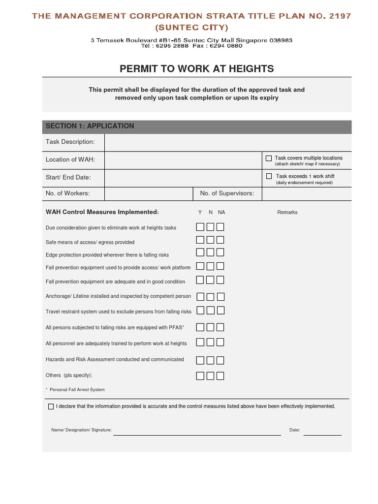 Work at Heights Permit Template | PDF | Risk | Workplace
