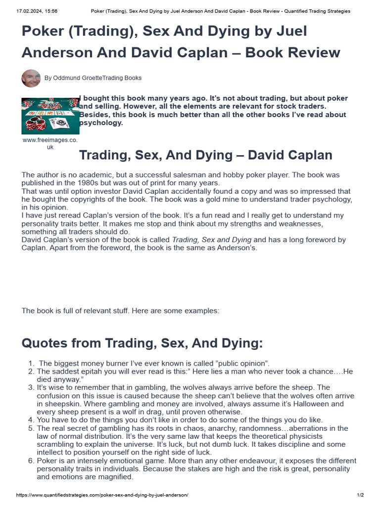 Poker (Trading), Sex and Dying by Juel Anderson and David Caplan - Book ...