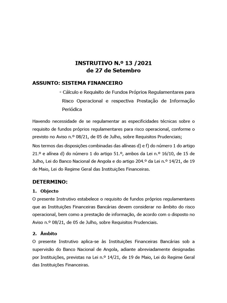 Instrutivo n 13 2021 de 27 de setembro sistema financeiro