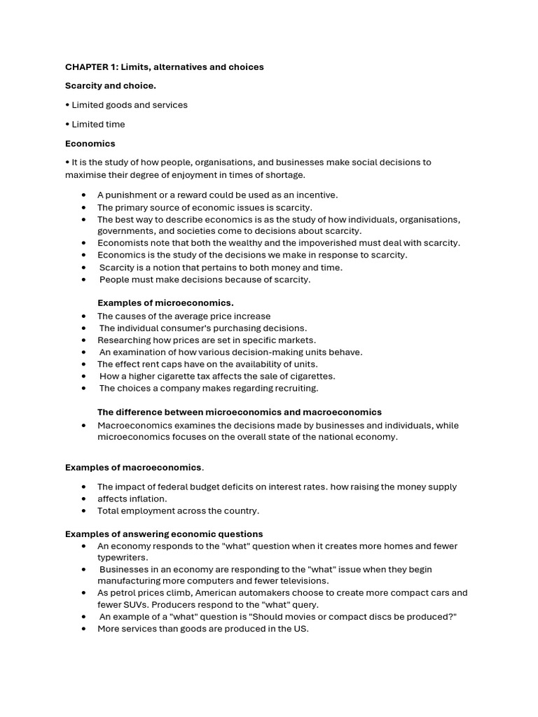 Economics Chapter 1 Alternatives, Limits and Choices | PDF | Economics ...