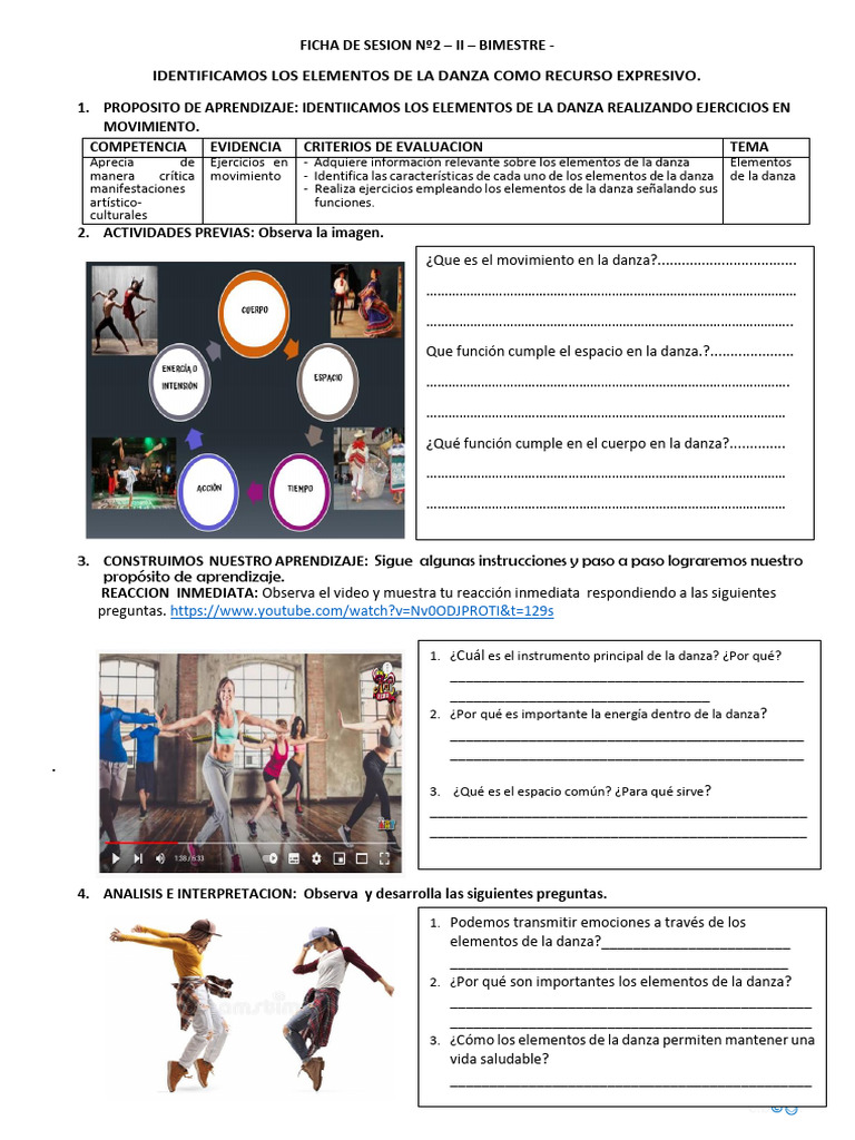 2° Ficha Sesion 2 Elementos de La Danza | PDF | Evaluación | Bailes