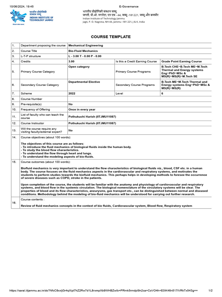 BFM Course Syllabus PDF Hemodynamics Blood