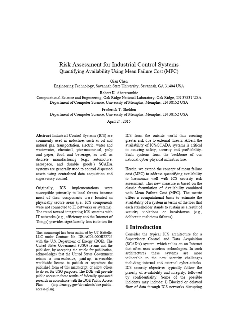 Risk Assessment For Industrial Control Systems | PDF | Scada | Security