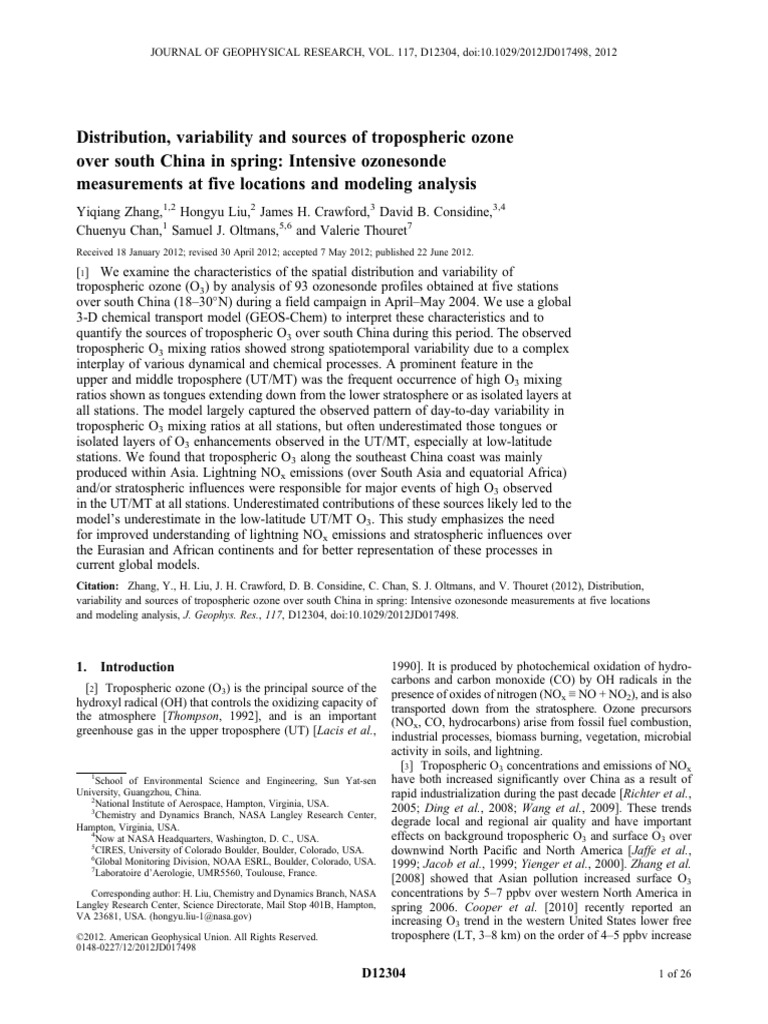 Distribution Variability and Sources of Tropospheric Ozone Over South ...
