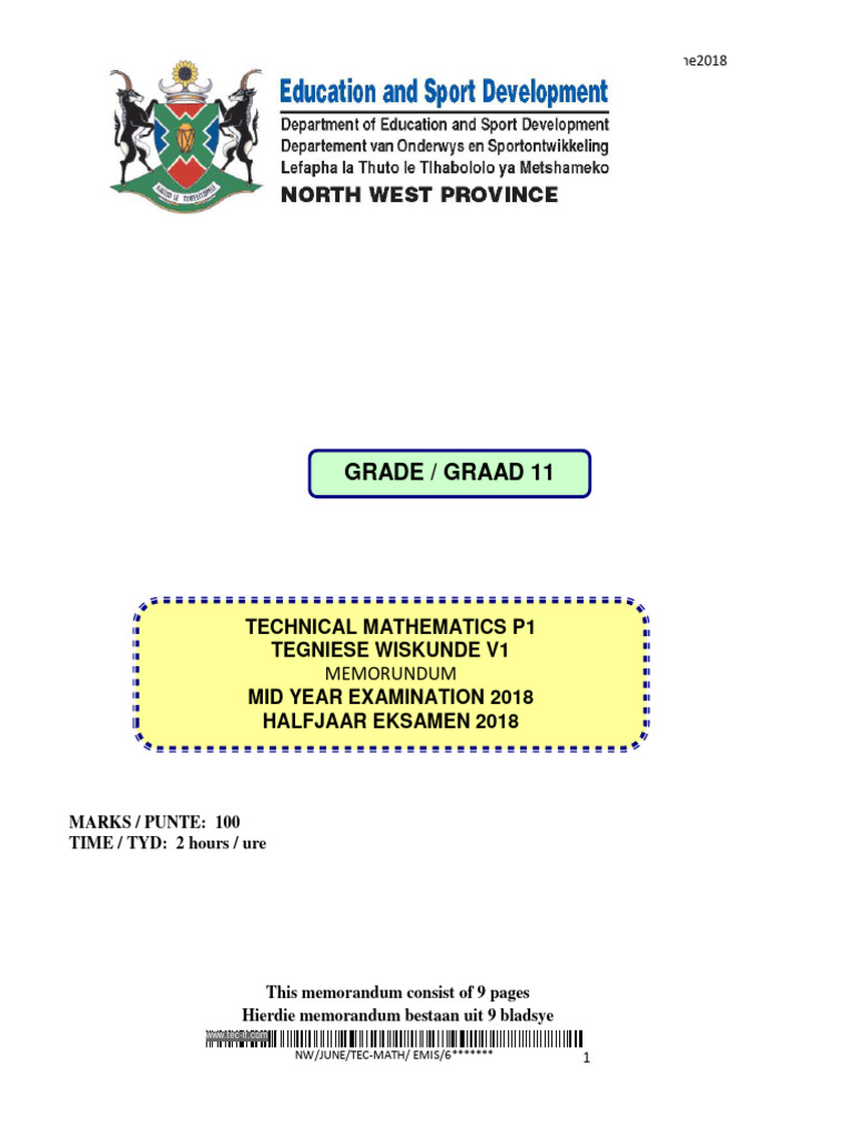 Technical Mathematics GR 11 ENG - ARFI MEMO P1 - V1 | PDF | Abstract ...