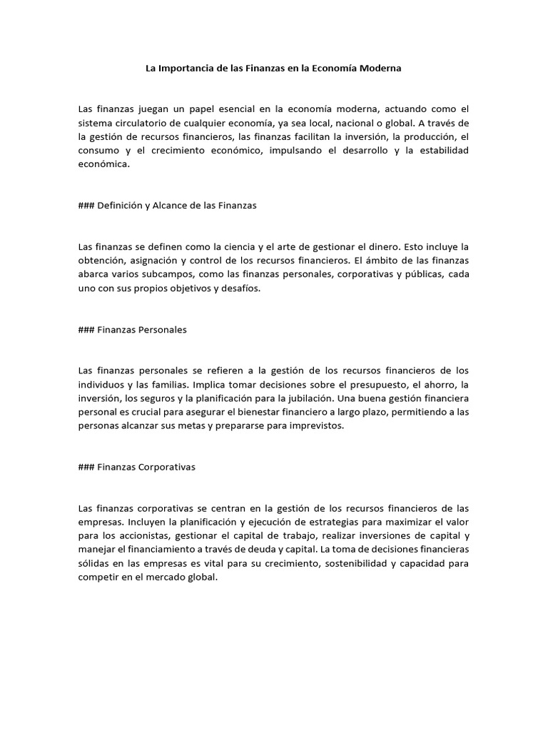 La Importancia de Las Finanzas en La Economía Moderna | PDF | Finanzas ...