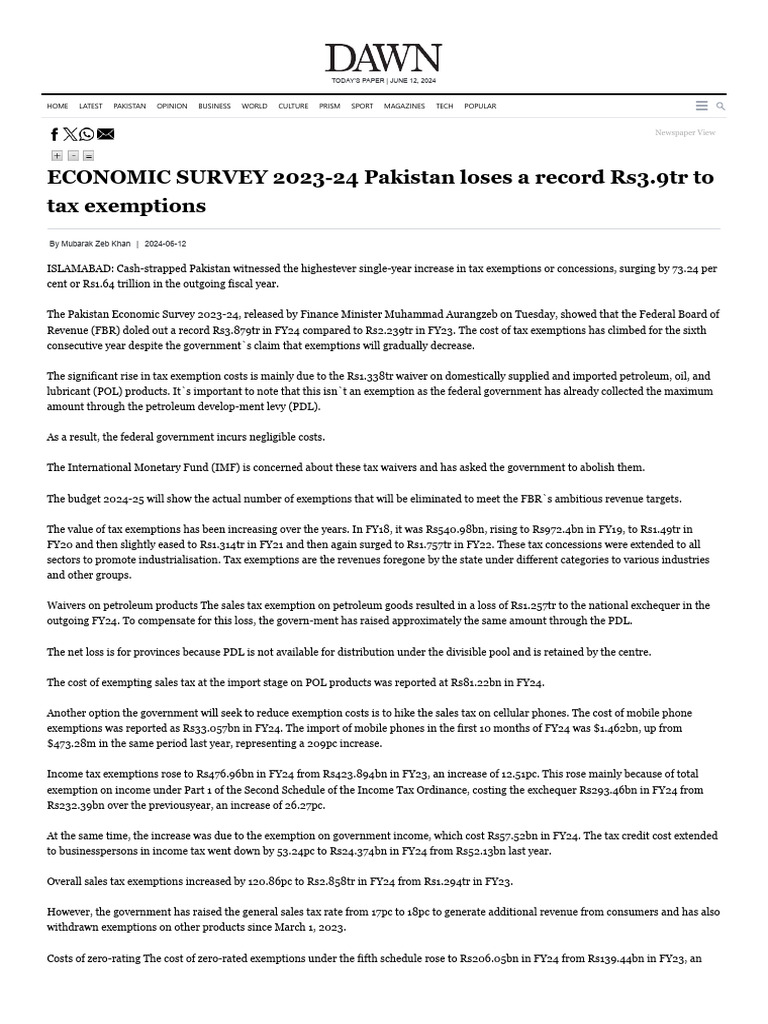 ECONOMIC SURVEY 2023-24 Pakistan Loses A Record Rs3.9tr To Tax ...