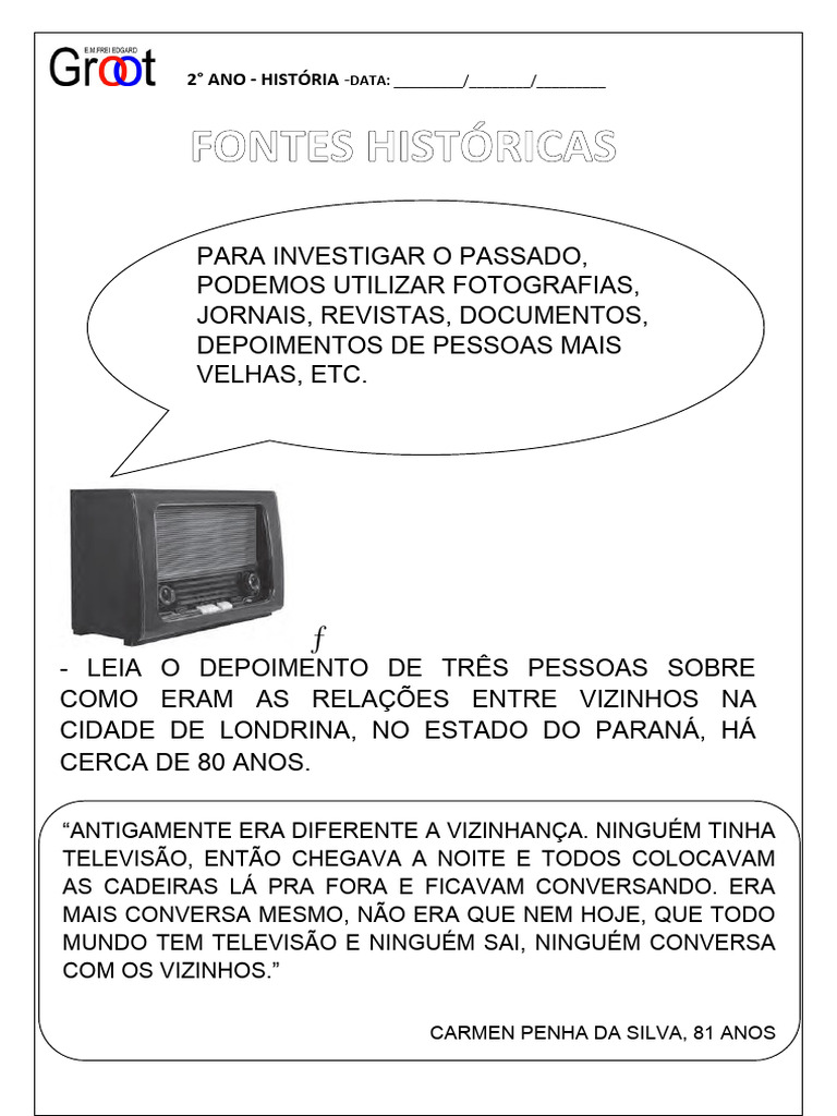 Atividades sobre Fontes Históricas 2º Ano | PDF | Imagem